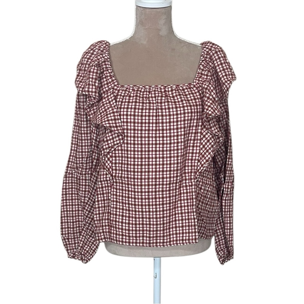 J. Crew Dusty Ivory Brick Red Flannel Gingham Blouse with Ruffle Detail - Picture 4 of 12